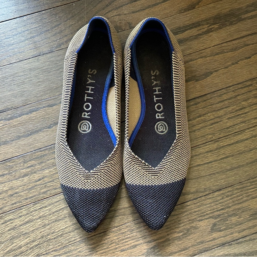 Rothy's Black and Tan Flats with Pointed Toe Design